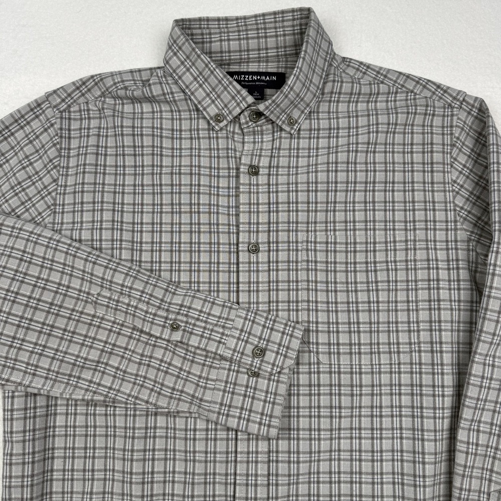 Mizzen+Main Shirt Mens Large Gray Plaid Long Sleeve Button Up Trim Fit Stretch
